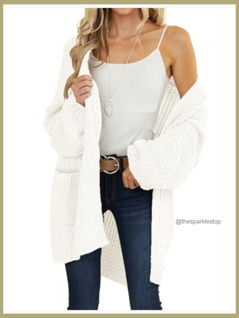 Oversized Open Front Chunky Knit Cardigan with Lantern Sleeves - Picture 2 of 7